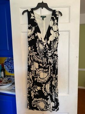 Ralph Lauren Black and White Sleeveless Wrap-Style Midi Dress